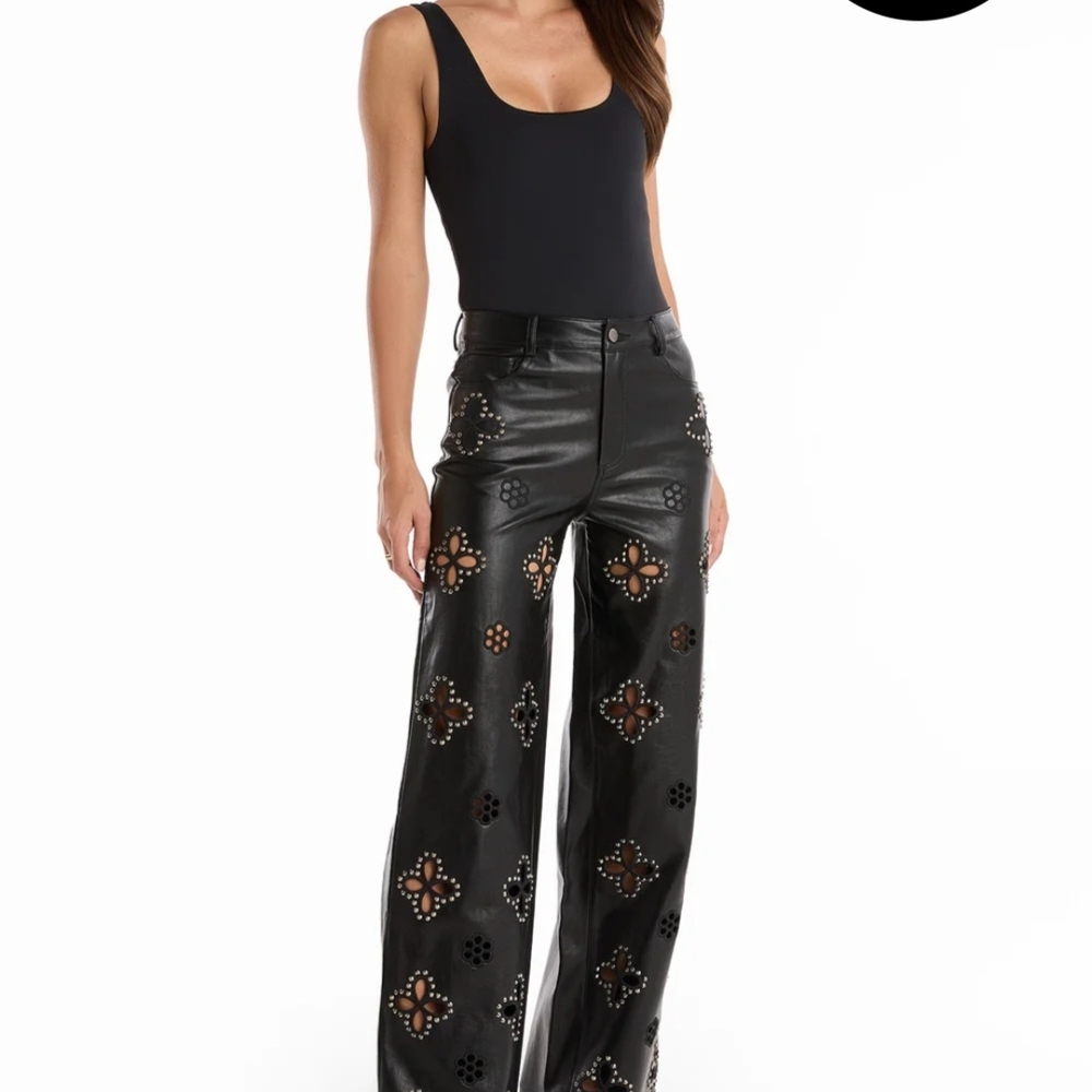Studded Black Faux-Leather Wide-Leg Pants